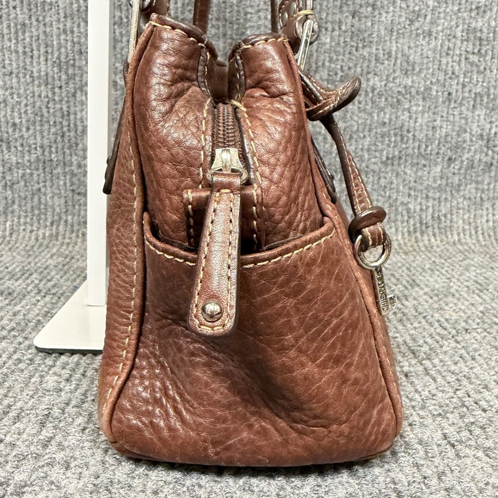 Vtg Y2K Fossil Satchel Bag Brown Pebbled Leather Top Handle Purse Key Charm EUC - Picture 6 of 15